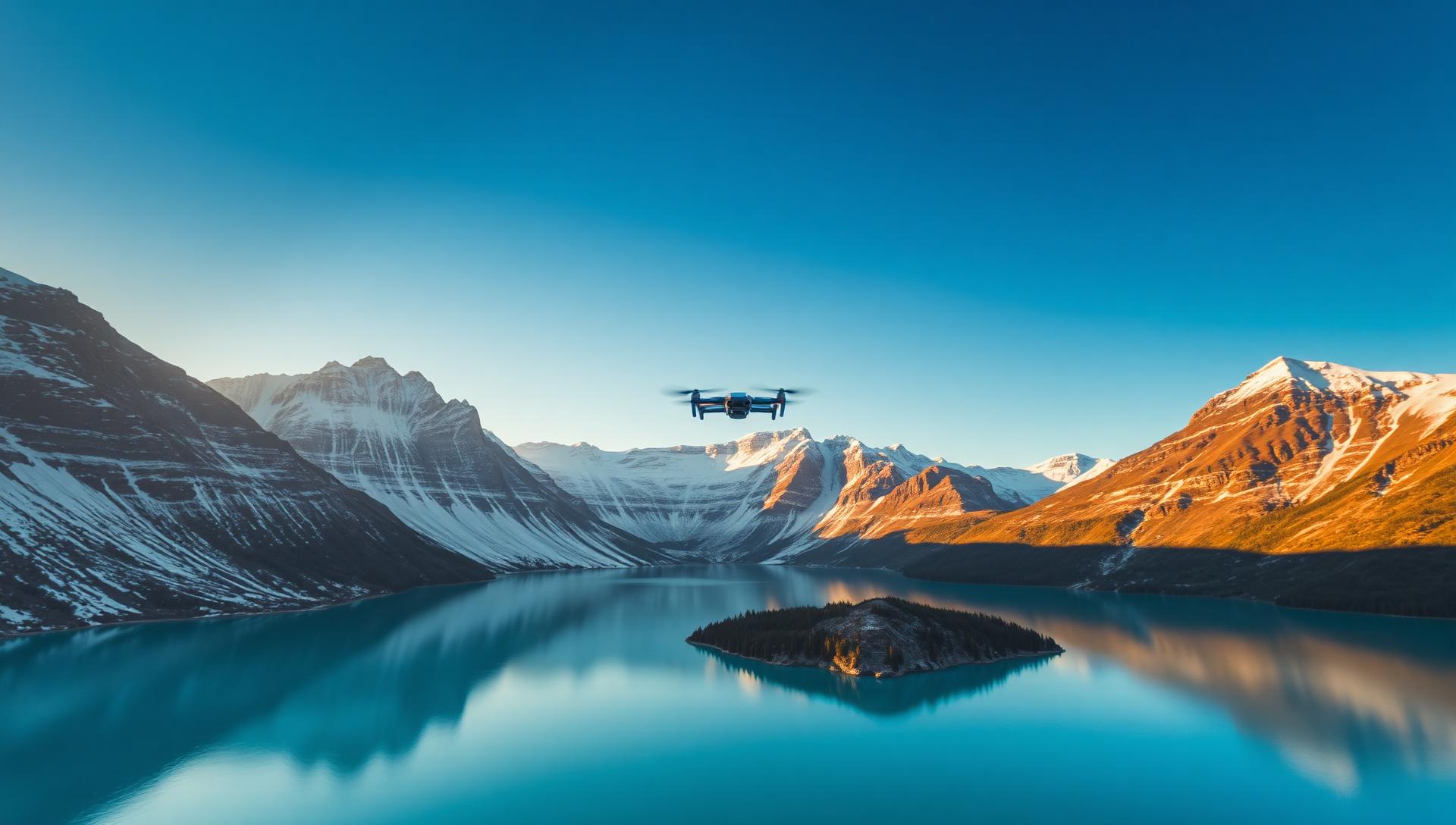 Drone survolant un lac turquoise entouré de montagnes enneigées