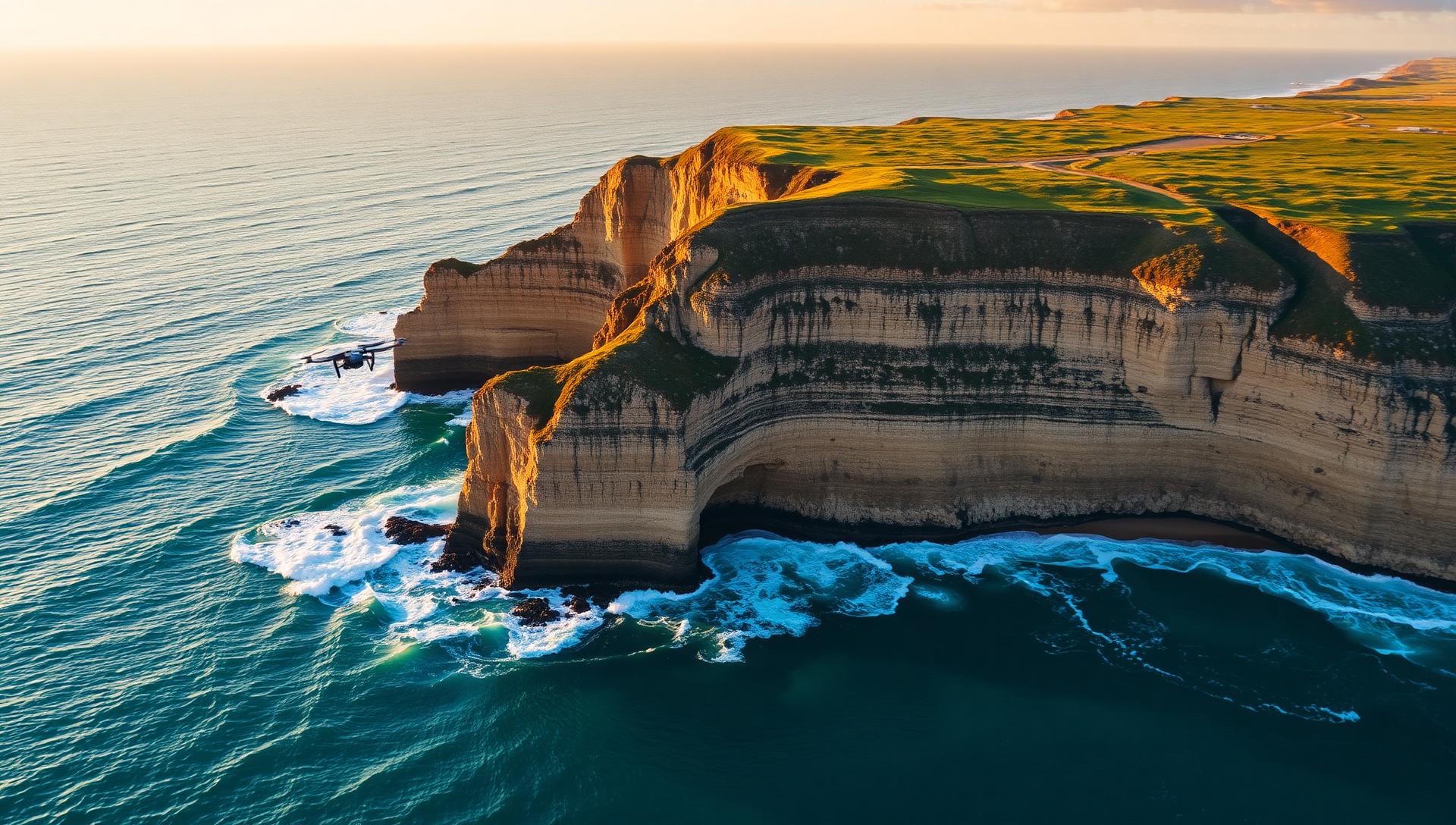 Drone au-dessus de falaises côtières spectaculaires au coucher du soleil